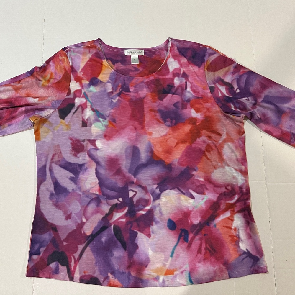 Christopher & Banks Pink and Purple Floral 3/4 Sleeve Top
